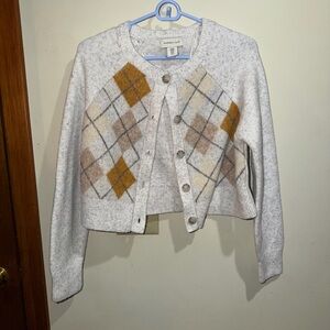 Sincerely Jules Cream Argyle Button Cardigan with Mustard Accents